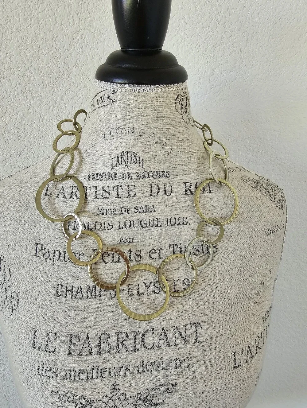 Chunky Hammered Circle Linked Collar Necklace Antique Gold Tone Multi Ring